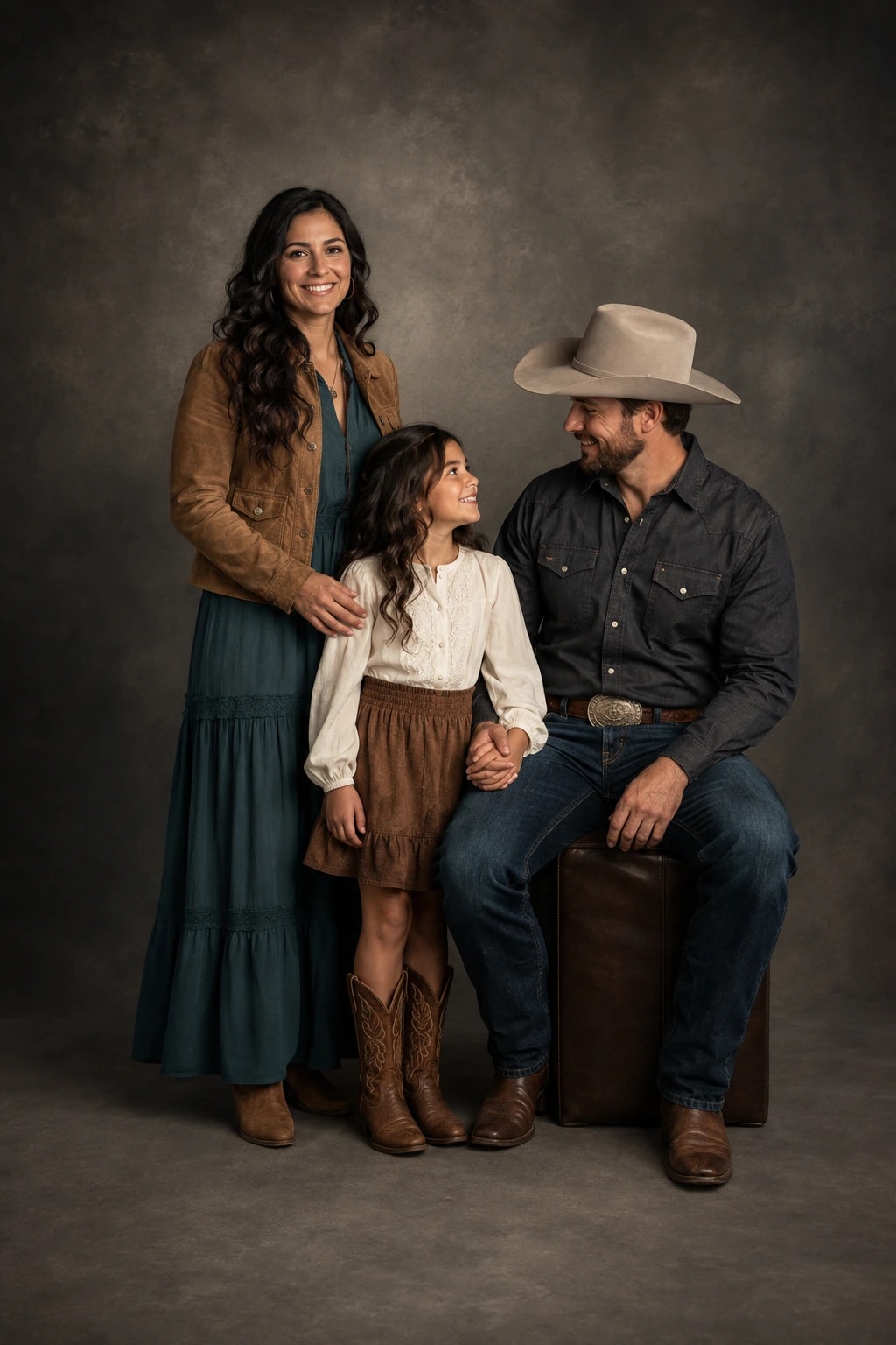Parents and their daughter in western clothing against a charcoal studio backdrop