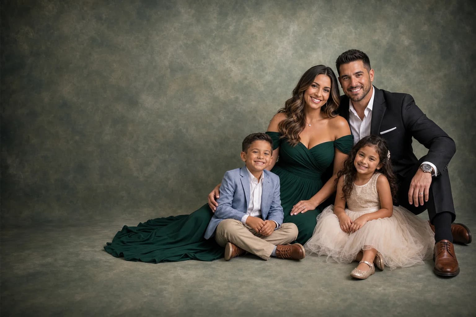 Parents and two children seated together in a sage studio setting