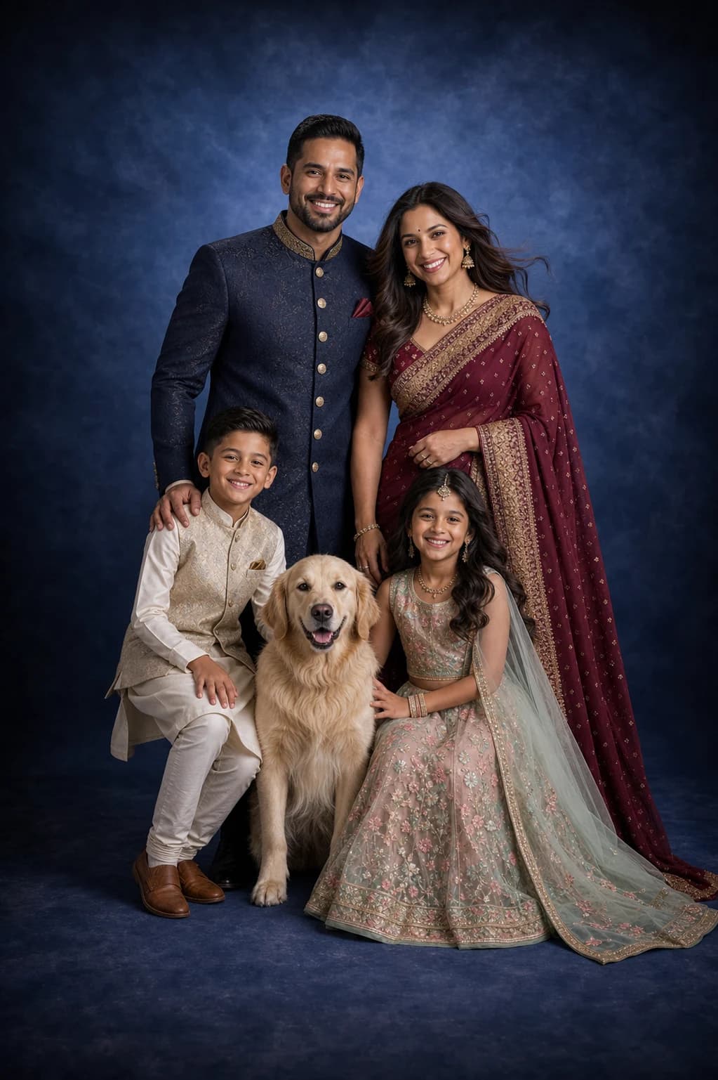 Parents, two children, and their dog against a deep blue backdrop