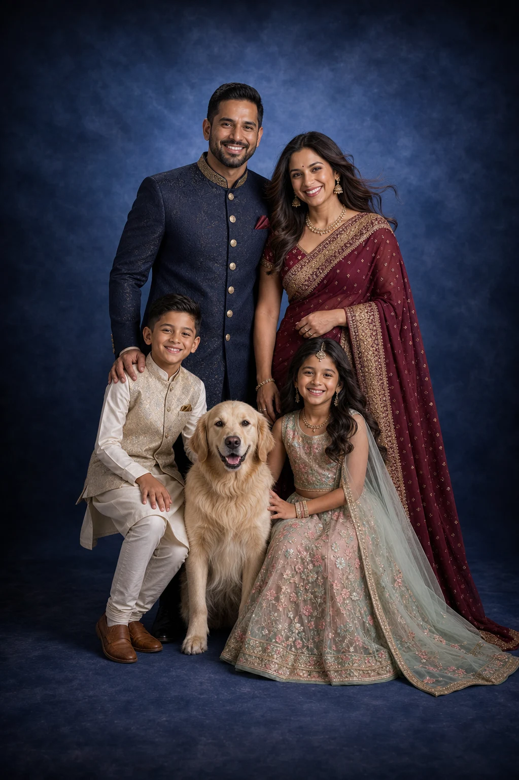 Parents, two children, and their dog against a deep blue backdrop