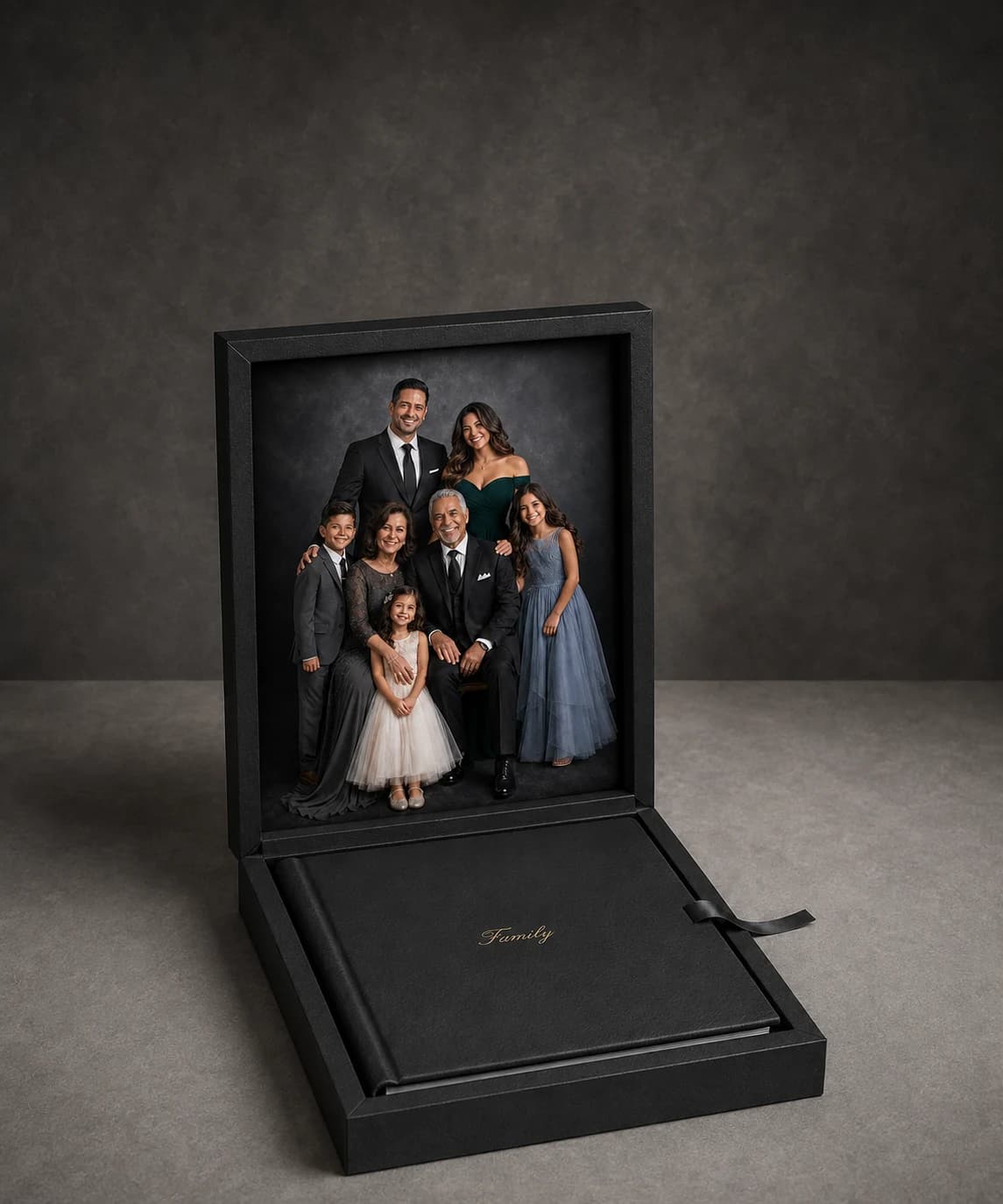 Illustrative Allure album in its presentation box with a portrait inside the lid