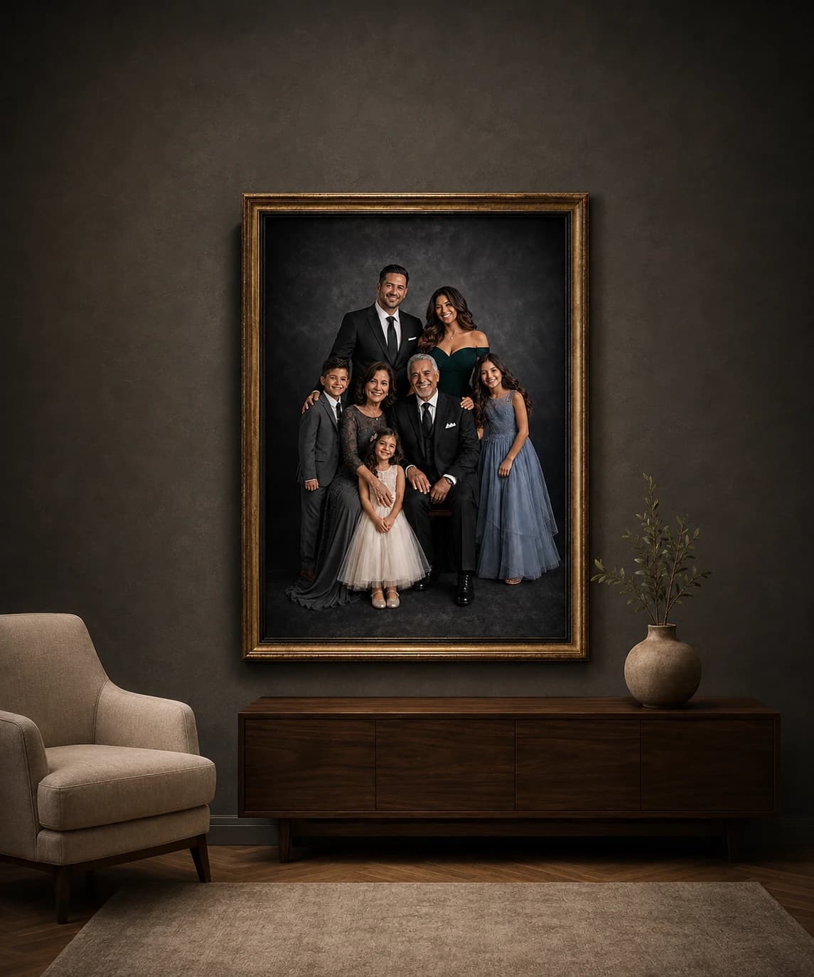 Illustrative framed family portrait above a walnut console in a room