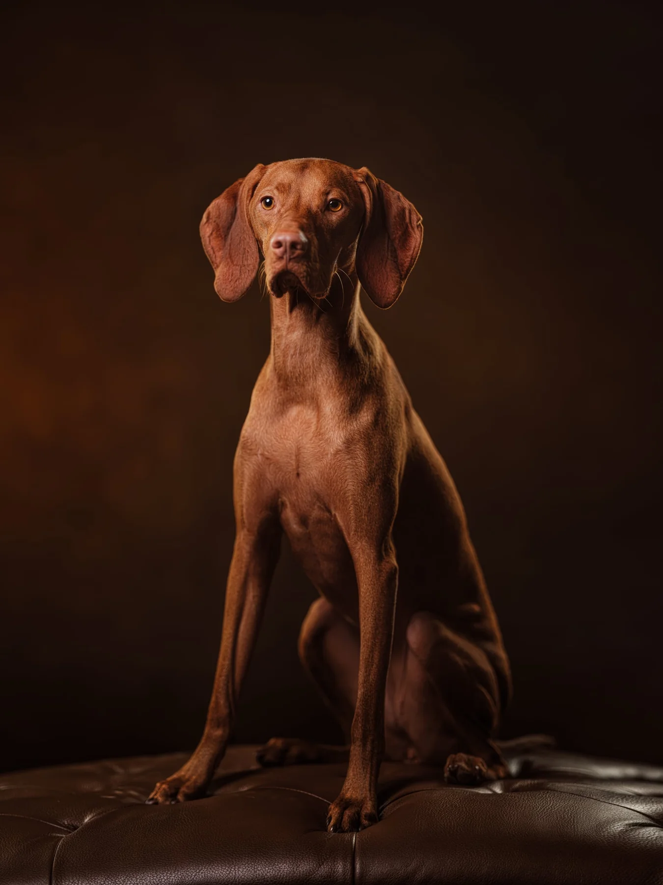 A russet dog seated on a dark leather ottoman